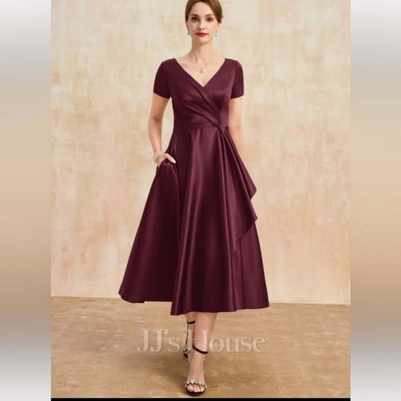 A-line V-Neck Tea-Length Satin Mother of the Bride Dress With Cascading Ruffles - Picture 2 of 7